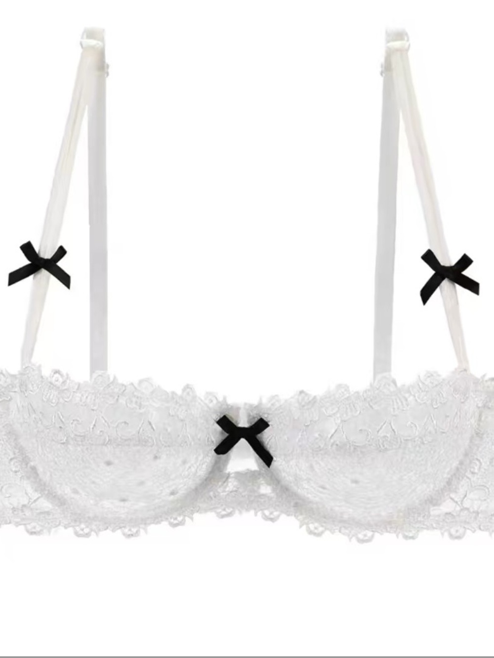 White Lace Underwire Bra with Black Bow Accents